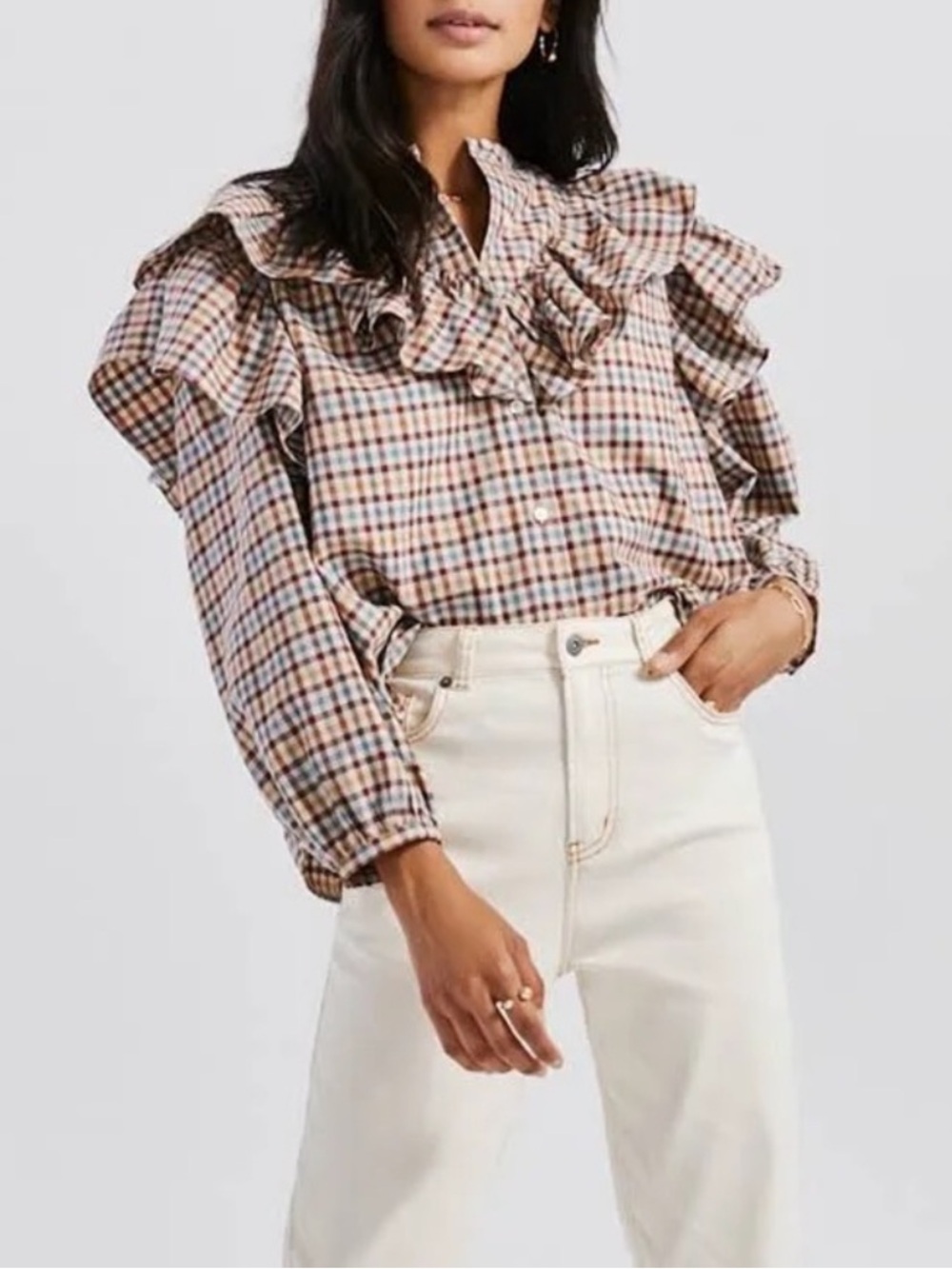 Something Navy Ruffled Multicolor Gingham Plaid Button Down Top